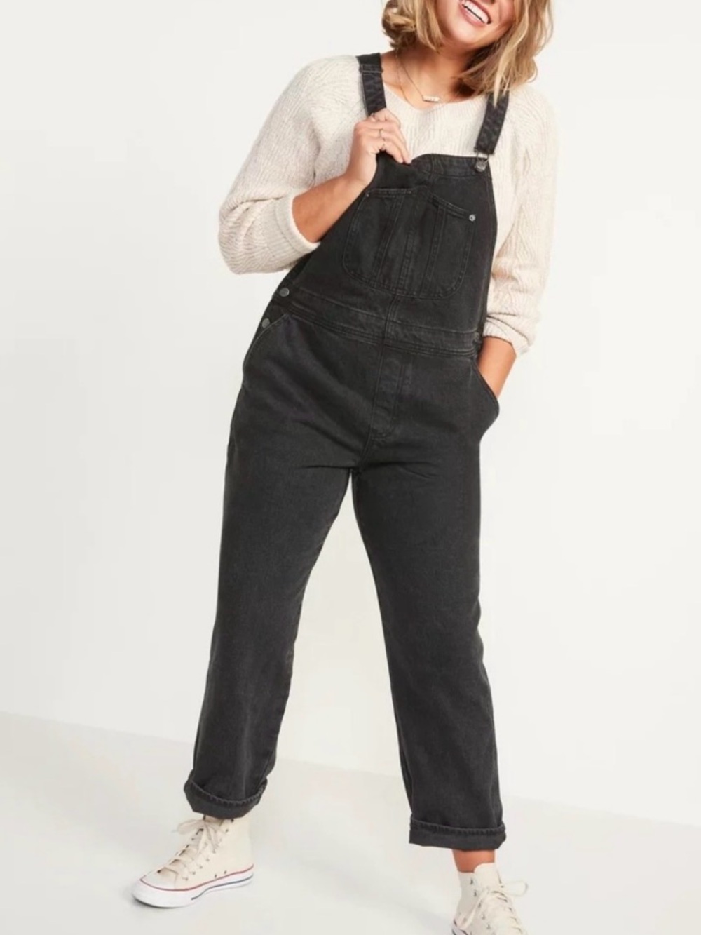 Old Navy Black Denim Overalls Straight Leg Bib 90s Y2K Womens Size 10